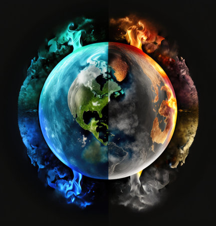 Earth suspended in deep space with the four elements air fire water Generative AI Illustration HQの素材
