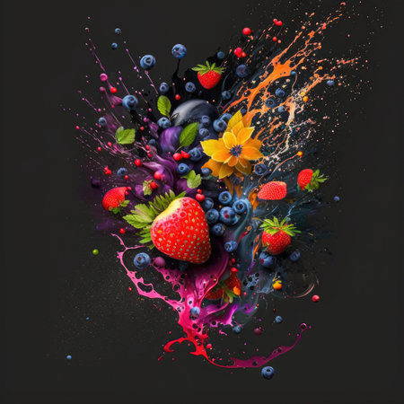 Floral fruits blast with color splash Generative AI Illustration HQの素材