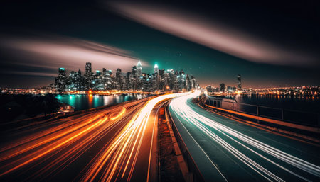 Long exposure photography city at night civilization Generative AI Illustration HQの素材