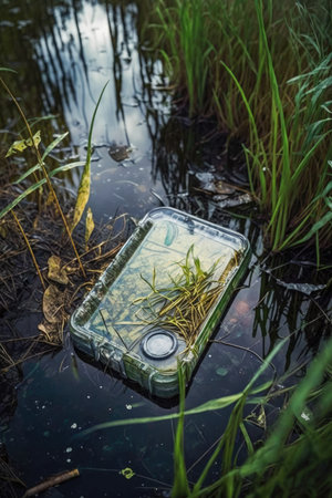 Cover of a mobile phone floating in a polluted river environment Generative AI Illustration.の素材