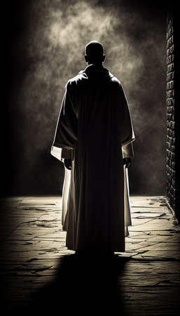 Silhouette of a priest in white robe Generative AI Illustration.の素材