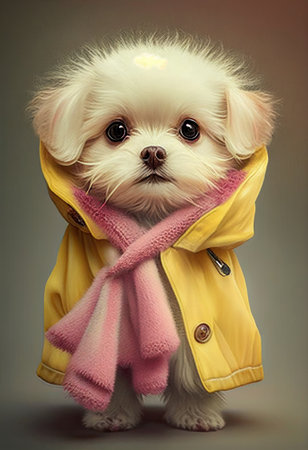 Cute dog with a yellow coat and a pink scarf looking at camera Generative AI Illustration.の素材