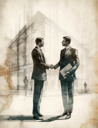 Two architects men handshaking closing business Generative AI Illustration.の素材