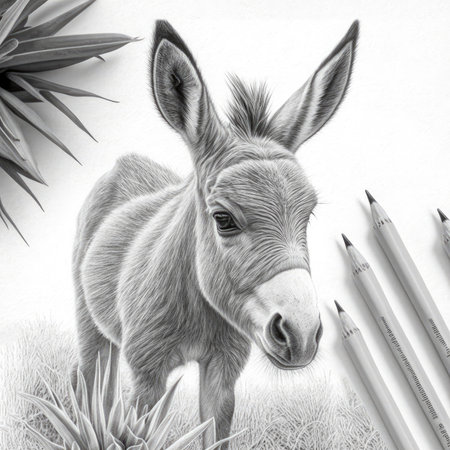 Donkey in black and white painting with charcoal pencil Generative AI Illustration.の素材