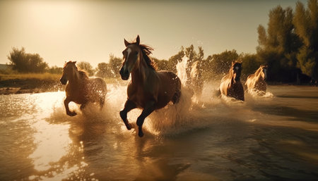 Galloping horses jumping over the river in freedom wild Generative AI Illustration.の素材