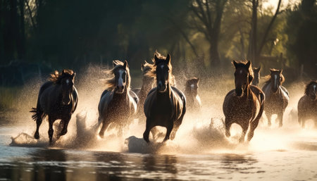 Galloping horses jumping over the river in freedom wild Generative AI Illustration.の素材