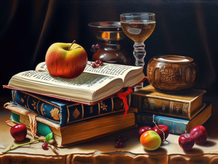 Very old vintage oil painting of books and fruits on a table old house Generative AI Illustration.の素材