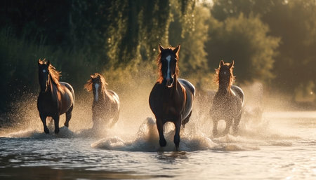 Galloping horses jumping over the river in freedom wild Generative AI Illustration.の素材