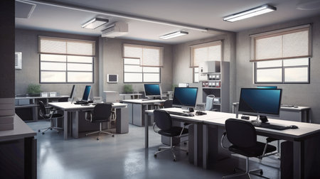 Office room of a company with many desktop computers in open space Generative AI Illustration.の素材