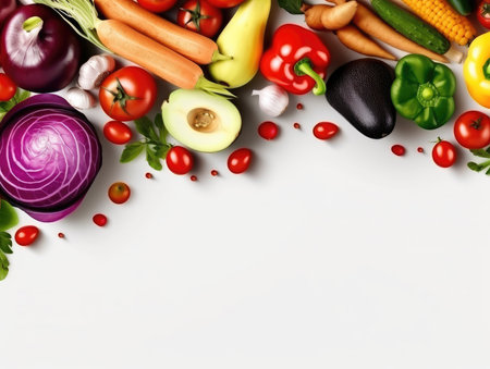 Healthy fresh fruits and vegetables in a white background Generative AI Illustration.の素材