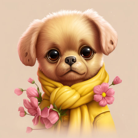 Cute dog with a yellow coat looking at camera Generative AI Illustration.の素材