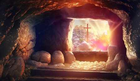 Empty tomb of Jesus Christ the resurrection after the crucifixion salvation Generative AI Illustration.の素材