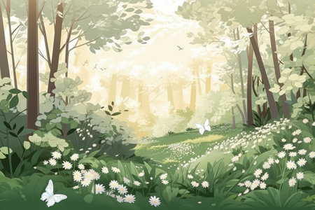 Forest nature with white butterflies and white spring flowers Generative AI Illustration.の素材