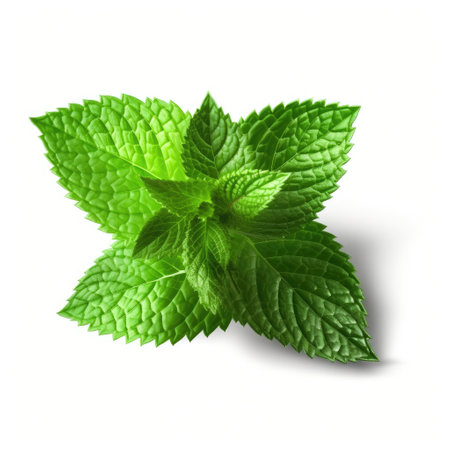 Fresh mint green leaves from organic farm isolated on white background Generative AI Illustration.の素材