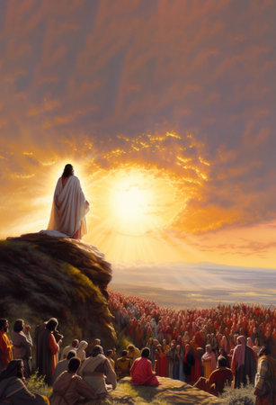 Illustration of Jesus speaking by parables to the people in a sunset environment Generative AI.の素材
