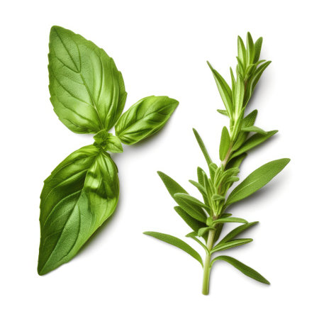 Fresh basil and rosemary green leaves organic farm isolated on white background Generative AI Illustration.の素材