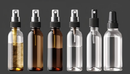 Various glass spray bottles with a solid color background Generative AI Illustration.の素材