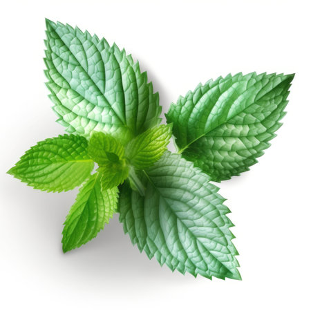 Fresh mint green leaves from organic farm isolated on white background Generative AI Illustration.の素材