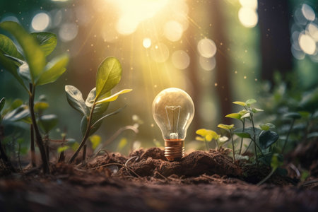 Light bulb standing in the ground of the forest green energy ecological resources Generative AI Illustration.の素材