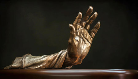 Open hand statue in copper SOS help request Generative AI Illustration.の素材