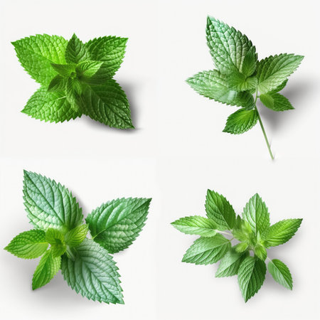 Fresh mint green leaves from organic farm isolated on white background Generative AI Illustration.の素材