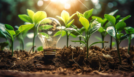 Light bulb standing in the ground of the forest green energy ecological resources Generative AI Illustration.の素材