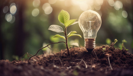 Light bulb standing in the ground of the forest green energy ecological resources Generative AI Illustration.の素材