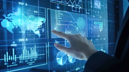 Financial management technology business dashboard finance data analytics graphs on virtual screen Generative AI Illustration.の素材