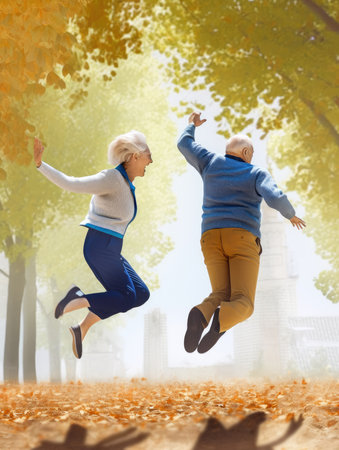 Happy retired couple jumping in the nature sense of freedom Generative AI Illustration.の素材