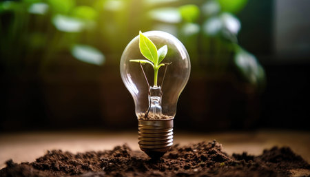 Light bulb standing in the ground of the forest green energy ecological resources Generative AI Illustration.の素材