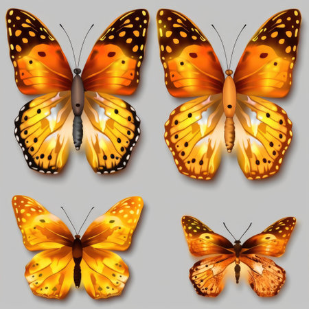 Collection of orange butterflies with gray background Generative AI Illustration.の素材
