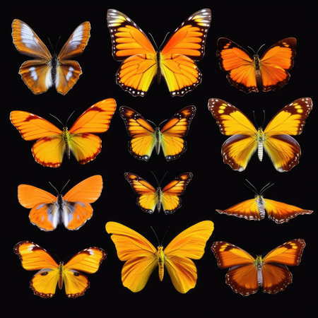Collection of orange butterflies with black background Generative AI Illustration.の素材