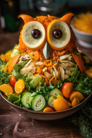 A salad shaped like an owl culinary cooking art vegan food Generative AI Illustration.の素材
