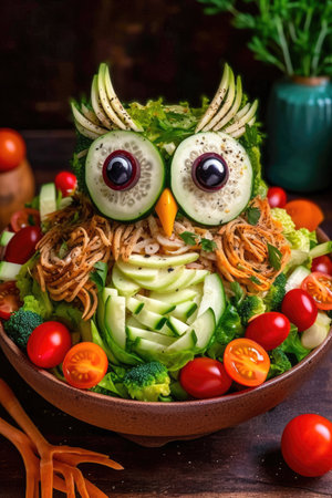A salad shaped like an owl culinary cooking art vegan food Generative AI Illustration.の素材
