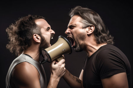Man shouting in a megaphone into another man white background Generative AI Illustration.の素材