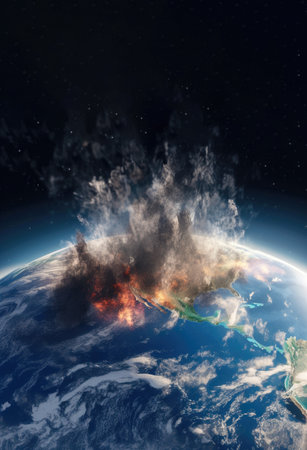 Destruction of planet Earth doomsday smoke and fire global warming Generative AI Illustration.の素材