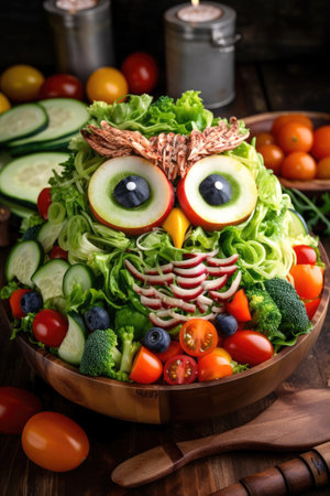 A salad shaped like an owl culinary cooking art vegan food Generative AI Illustration.の素材
