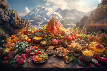 Lots of vegetarian food with a snowy mountain background Generative AI Illustration.の素材