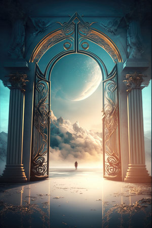 Gateway to the Kingdom of God in the sky ambient with clouds Generative AI Illustration.の素材