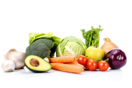 Mix of fresh and juicy vegetables healthy vegan food with vitamins and minerals with white background Generative AI Illustration.の素材