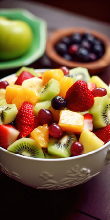 Mix of fresh and juicy fruit salad healthy vegan food with vitamins Generative AI Illustration.の素材