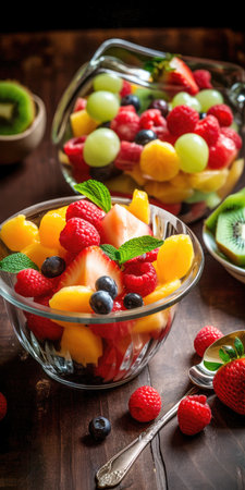 Mix of fresh and juicy fruit salad healthy vegan food with vitamins Generative AI Illustration.の素材