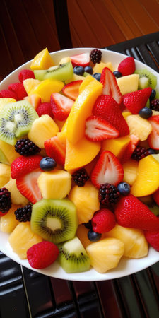 Mix of fresh and juicy fruit salad healthy vegan food with vitamins Generative AI Illustration.の素材