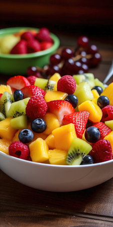 Mix of fresh and juicy fruit salad healthy vegan food with vitamins Generative AI Illustration.の素材