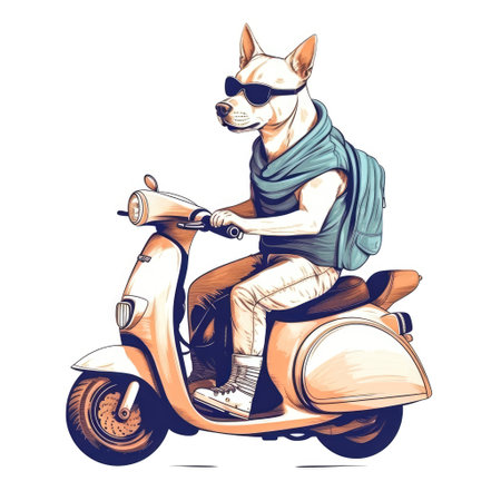 Pitbull dog with sunglasses riding a Vespa moto Generative AI Illustration.の素材