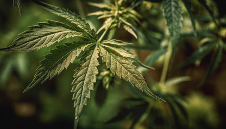 Close-up photo of a cannabis hemp plant in bloom Generative AI Illustration.の素材