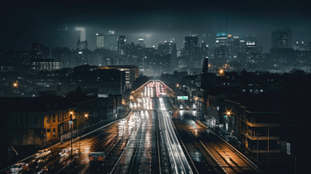 Long exposure photography city at night civilization Generative AI Illustration.の素材