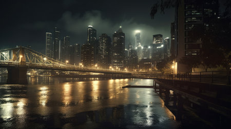 Long exposure photography city at night civilization with reflection in the water Generative AI Illustration.の素材