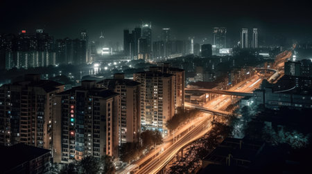 Long exposure photography city at night civilization Generative AI Illustration.の素材