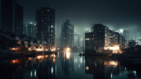 Long exposure photography city at night civilization with reflection in the water Generative AI Illustration.の素材